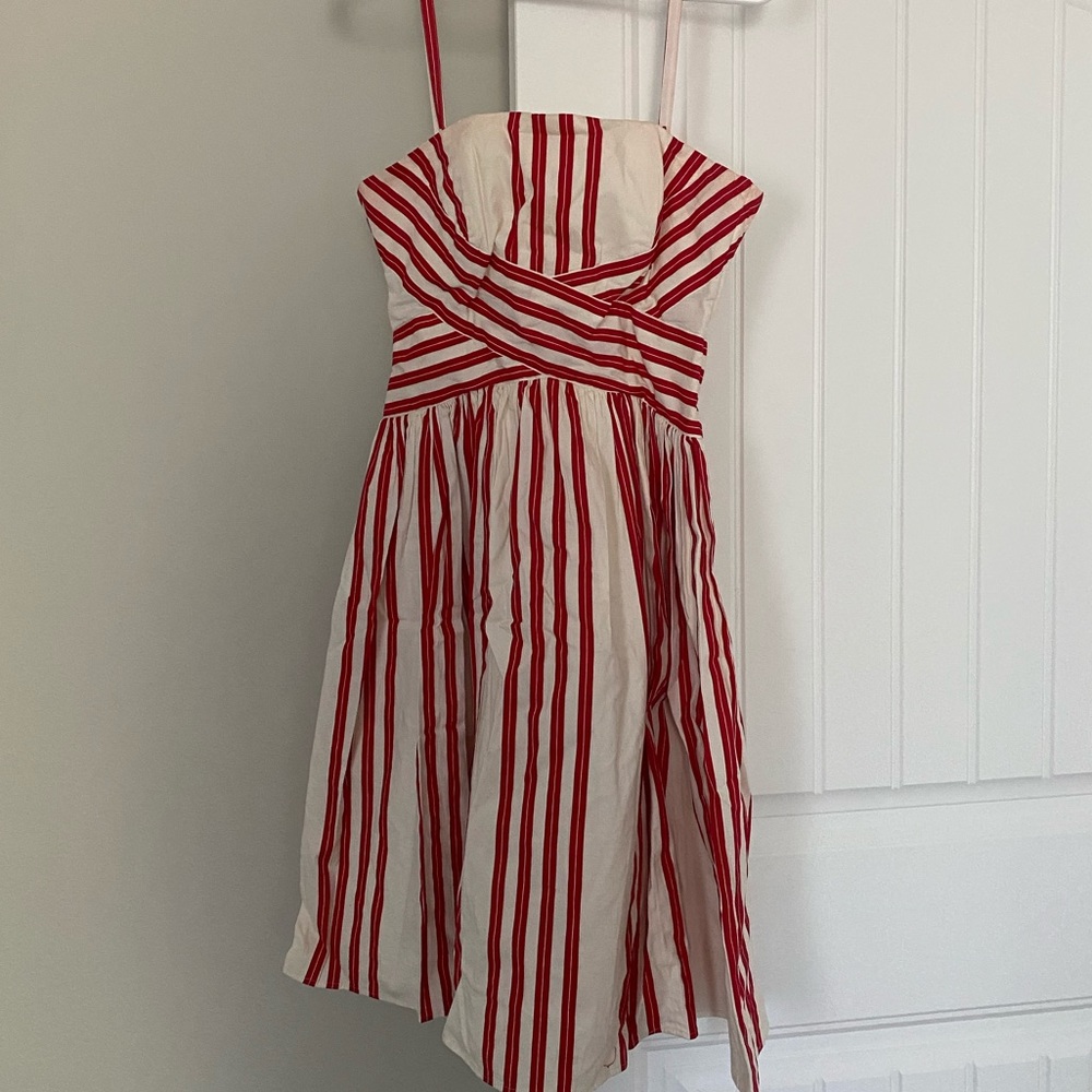 Red and cream striped strapless dress